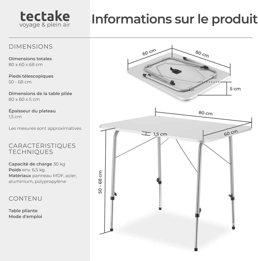 tectake® Campingtisch, Gartentisch klappbar, Klapptisch höhenverstellbar, verstellbare Teleskopbeine