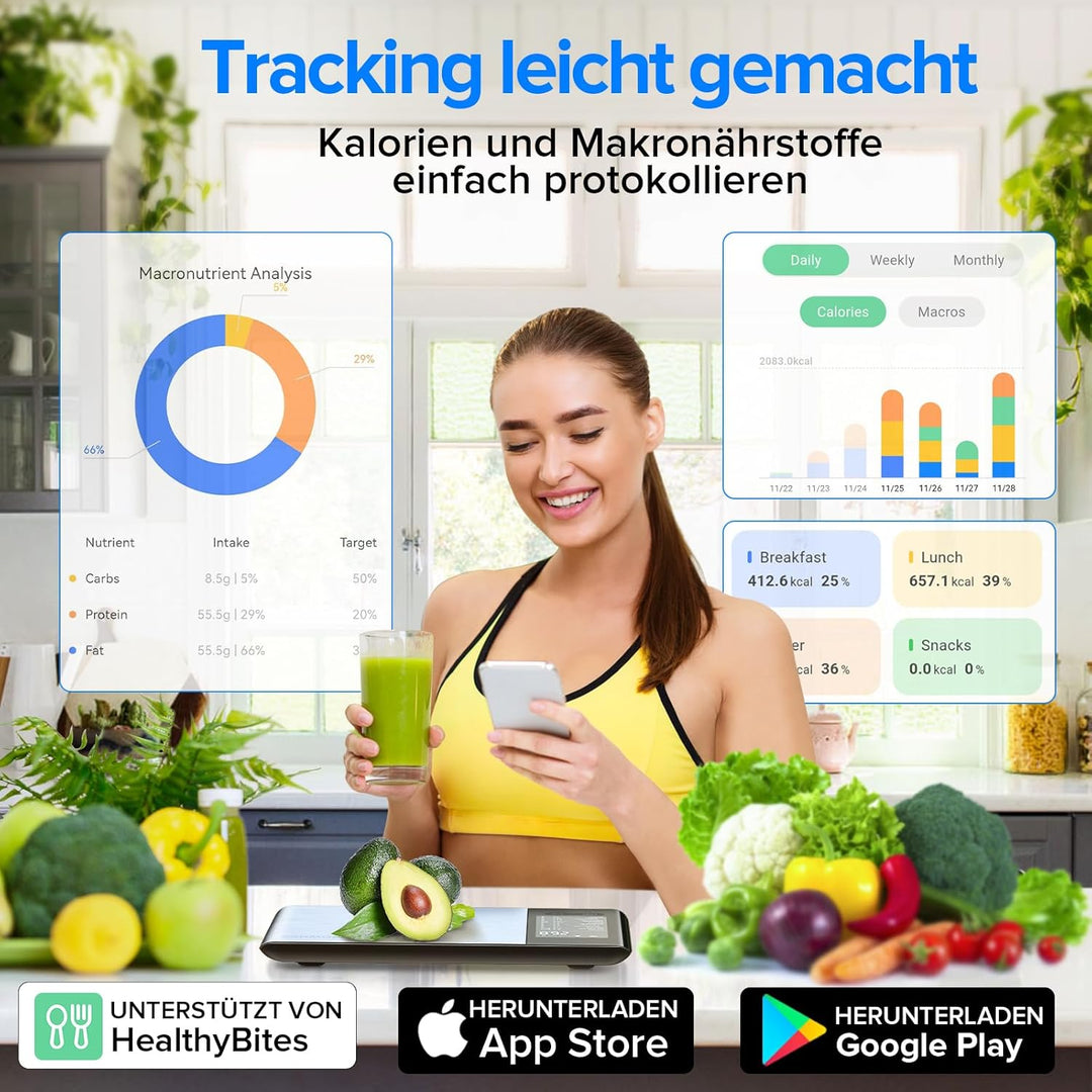 Belife Küchenwaage digital mit Nährwertberechnung, Ernährungswaage App verfolgt 19 Nährstoffe, Kalor