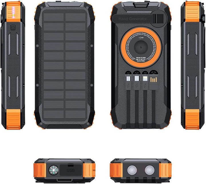 revolt Kurbel Dynamo-Powerbanks: Kurbel-Solar-Powerbank, 20.000 mAh, USB-C PD 20 W, Qi-kompatibel, L