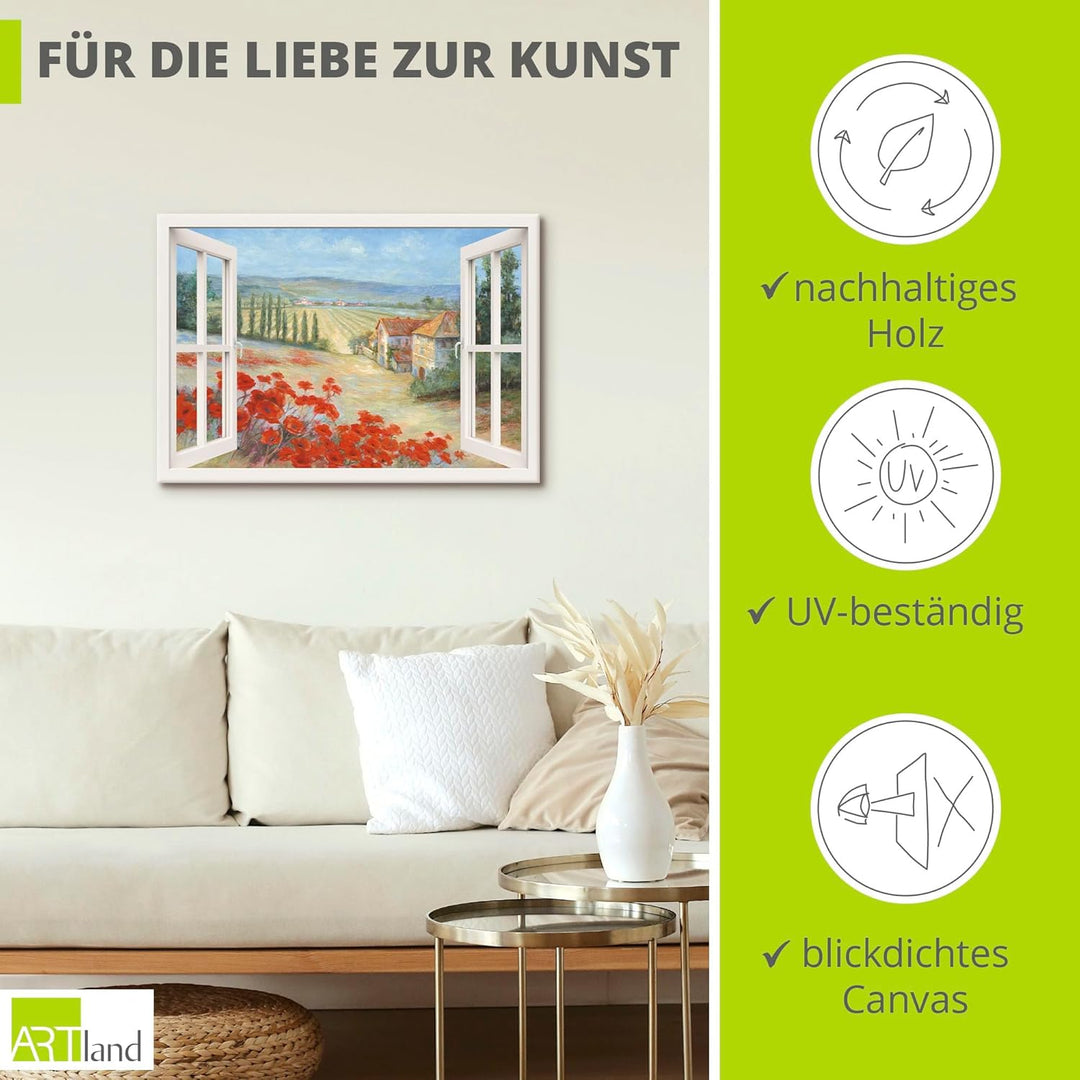 ARTland Leinwandbilder Bild Leinwand Wandbilder 100x70 cm Fensterblick Landschaft Toskana Italien Mo
