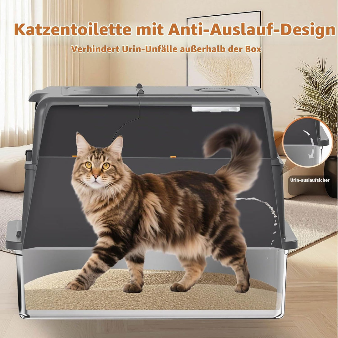 Homegroove XXXL Katzenklo Edelstahl mit Deckel, 70x50x45 Extra Grosses Katzenklo mit Schaufel &amp; Fuss