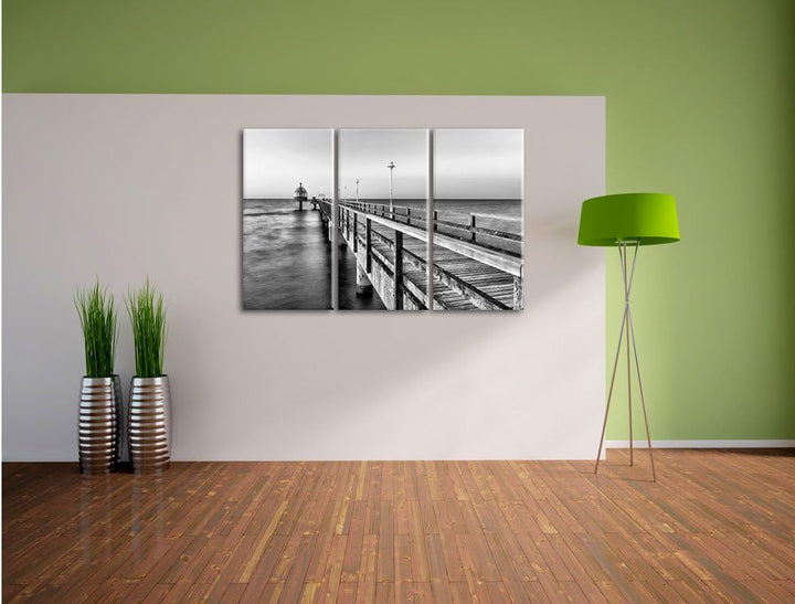Monocrome, Pier Steg ins Meer Sonnenuntergang Strand Wasser 3-Teiler Leinwandbild 120x80 Bild auf Le