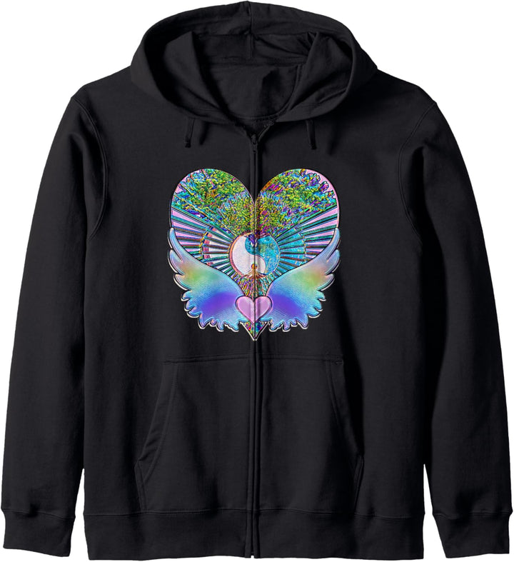 Regenbogen Herz mit Engel Flügel Baum des Lebens Yin Yang Kapuzenjacke