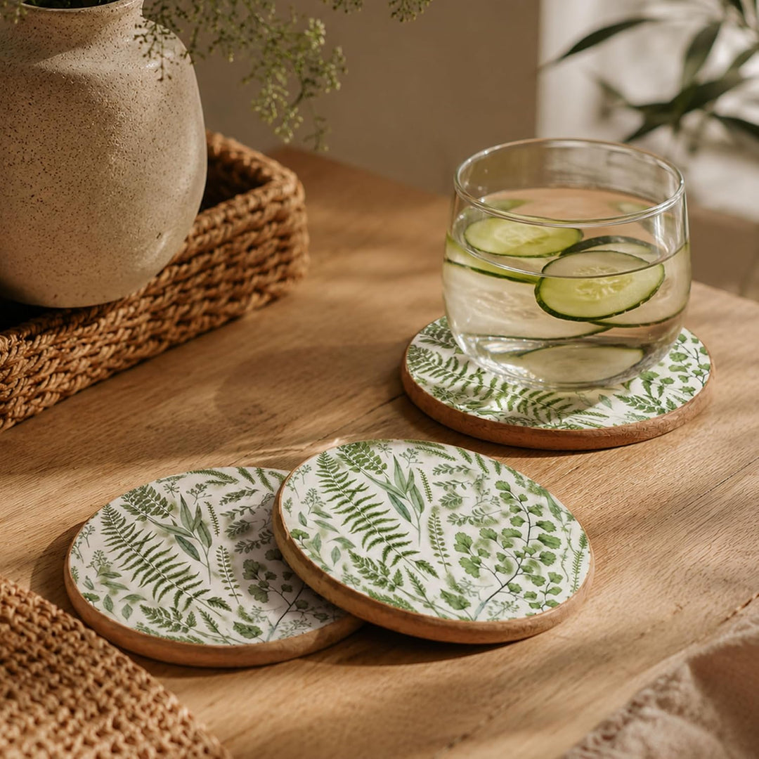 Decorasian Emaillierte Glasuntersetzer aus Mangoholz – 6er Set mit Halter Box (Ø 9,5cm) – Handgefert