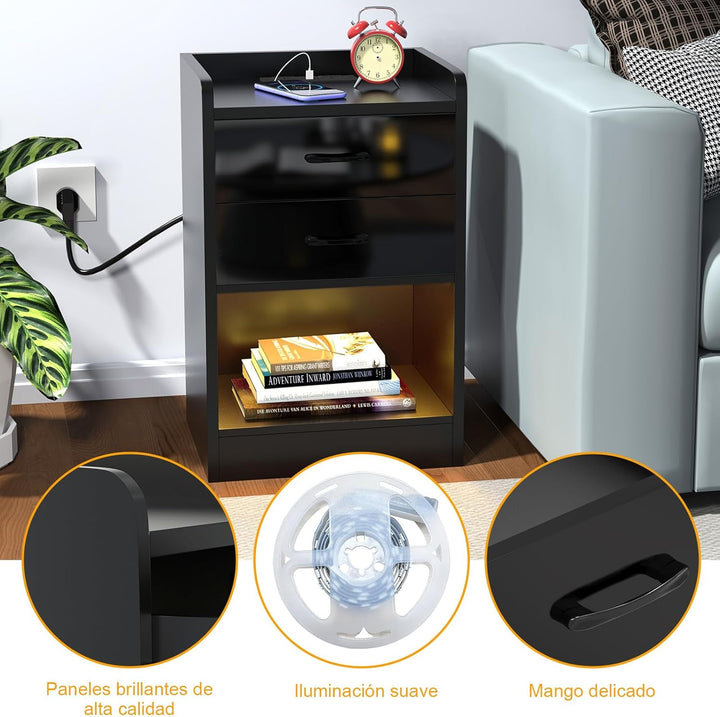 Nachttisch mit LED Licht, Nachttisch mit Ladestation, Nachtschrank mit Steckdosen USB Anschlüsse, Na