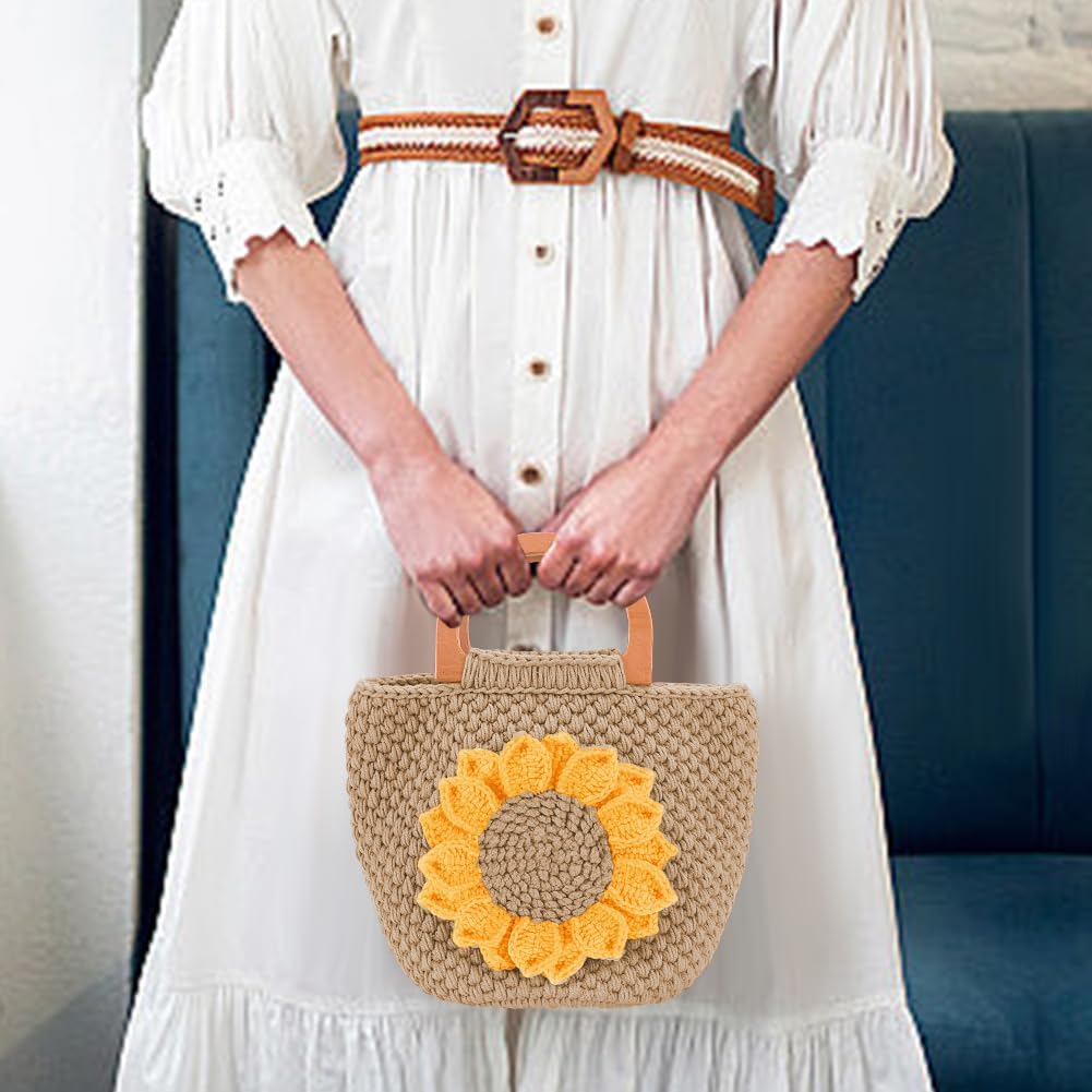 FREEBLOSS Gehäkeltes Sonnenblumen Taschenset Sonnenblumentasche Mit Holzgriff Häkelset Für Anfänger