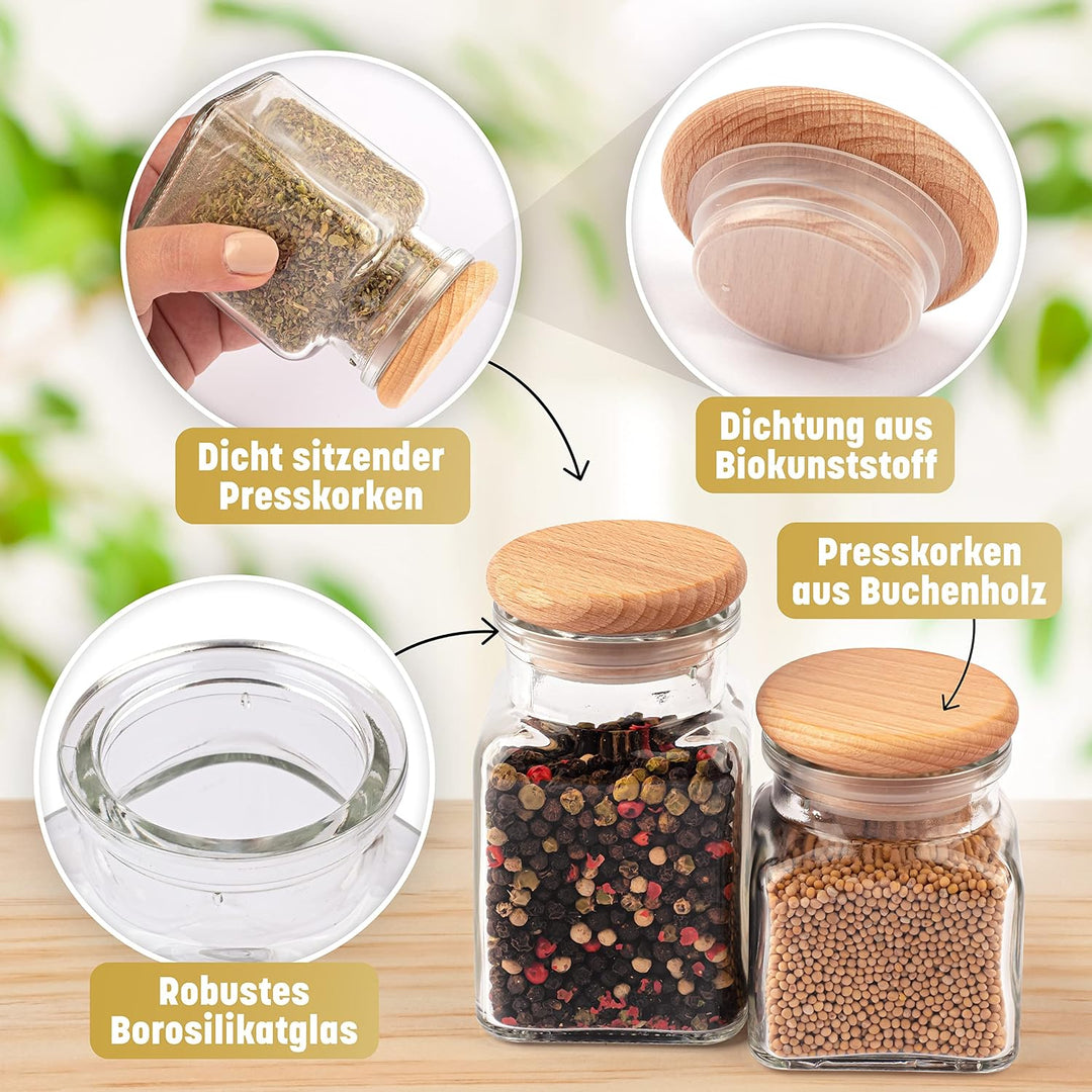 EVADUESS Gewürzgläser mit Holzdeckel, 150ml x 12, Aufbewahrungsgläser, Gewürzdosen, Gewürzset, Gewür