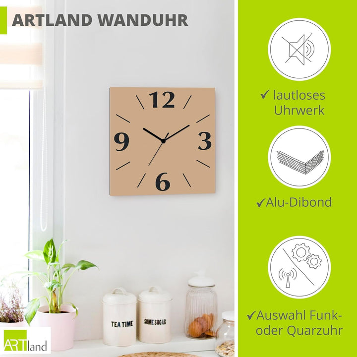 ARTLAND Wanddeko Wanduhr ohne Tickgeräusche Alu Quarzuhr 30x30 cm Quadratisch Lautlos 4 Ziffern Farb