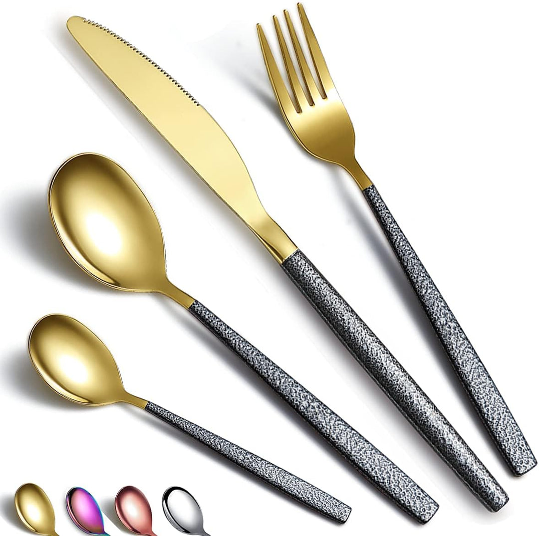 Besteckset 24 Stück Glänzende Goldkopfbeschichtung mit Schwarzem Marsgriff, Edelstahl Titanbeschicht