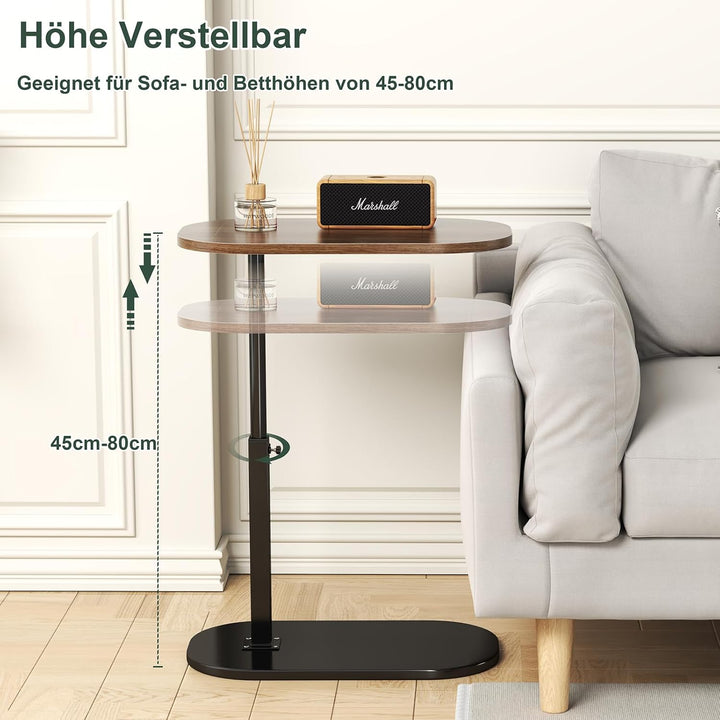 Beistelltisch C Form, Klein Couchtisch Holz Sofatisch Höhenverstellbar, 360° Drehbarer C Form Beiste