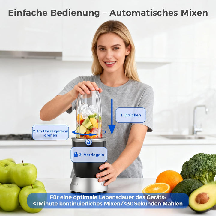 Teendow Mixer, 1200W Mini Smoothie Maker, Standmixer mit 3 Tragbare Mixbechern, 6 Klingen Edelstahlm
