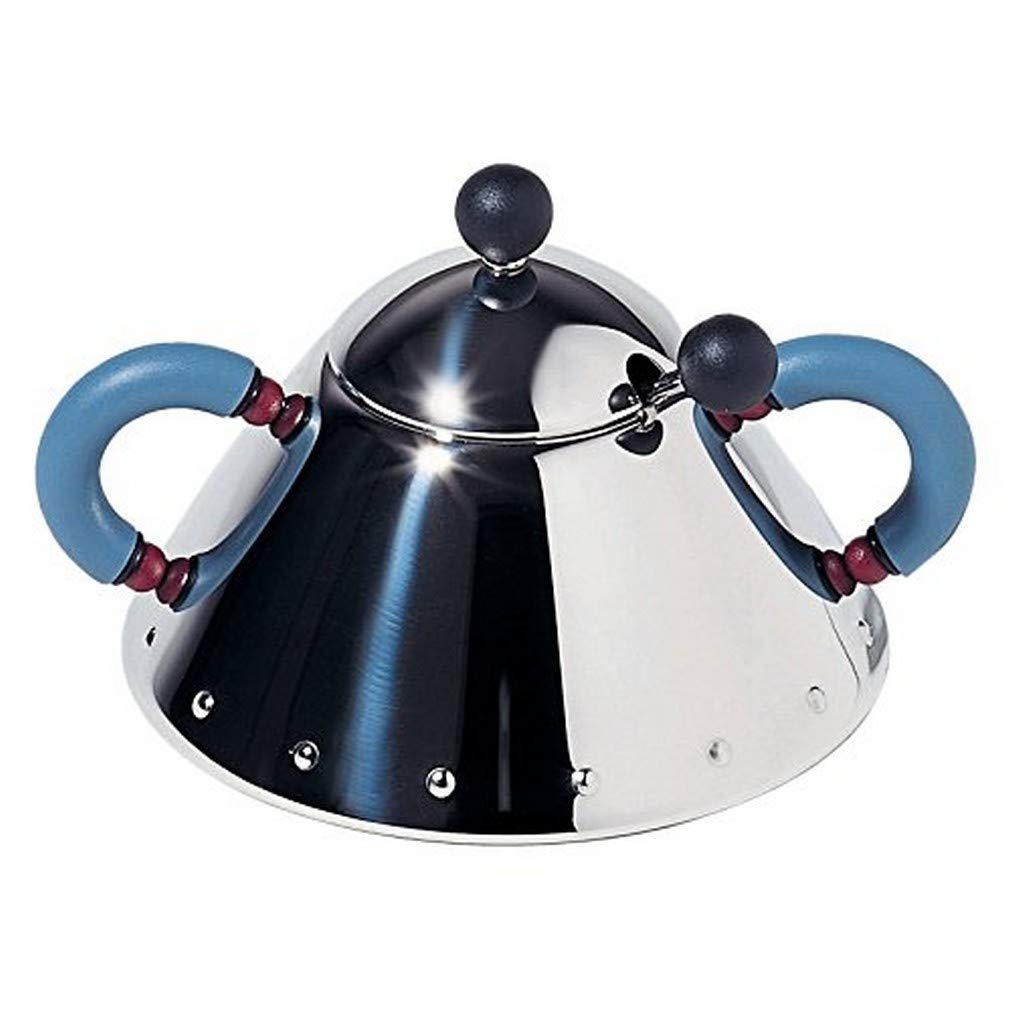 Alessi Zuckerdose mit Löffel aus Edelstahl, Griffen hellblau und Knopf schwarz, 6.5 x 10.5 x 2 cm, S