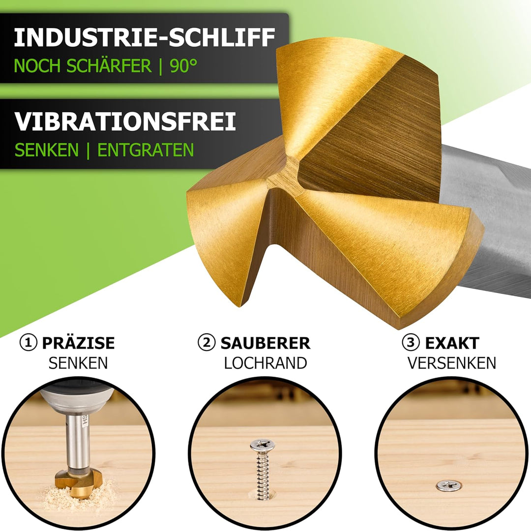 Pinava® Kegelsenker Set HSS CutX [3-Flächen-Schaft für bombenfesten Halt] - Scharfer & Präziser Senk