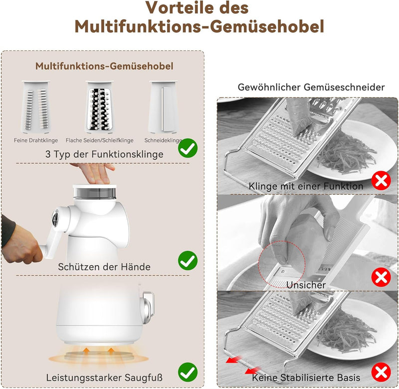 KitchenBoss Gemüseschneider Manuell,Mandoline Gemüsehobel:Käsereibe,Trommelreibe 3 in 1,Geeignet für