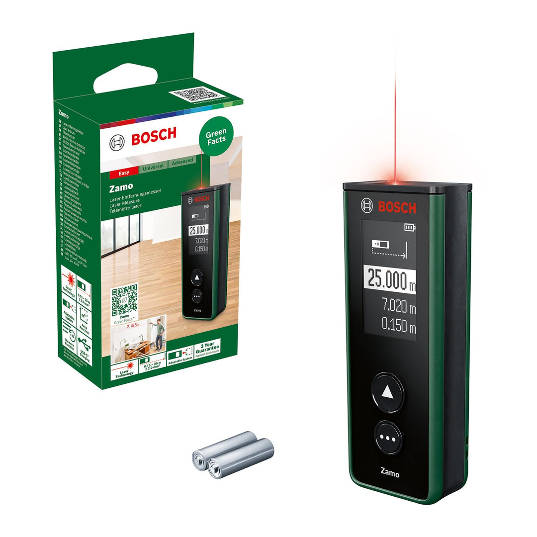 Bosch Laser-Entfernungsmesser Zamo der 4. Generation (einfaches und präzises Messen bis 25 m, Akkus