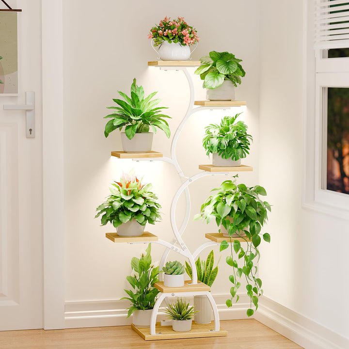 Pflanzenständer mit Wachstumslicht - 8 Ebenen Blumenständer 124cm Metall Holz Pflanzenregal - Innen