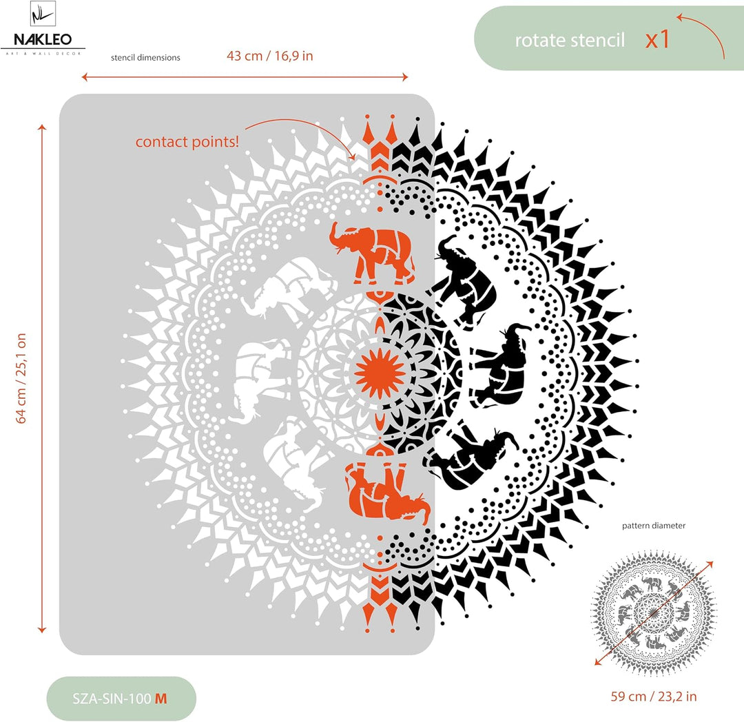 NAKLEO Wiederverwendbare Wand Kunststoff-Schablone – durchmesser 59cm - Elefant Mandala Symbol - Gro