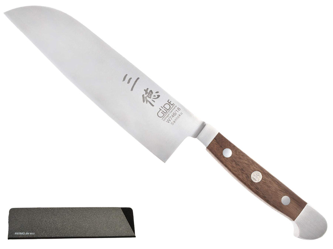 Güde Alpha Walnuss 1 Messer Solingen Santoku 18cm + Prymo Klingenschutz Gemüsemesser Santoku glatt 1