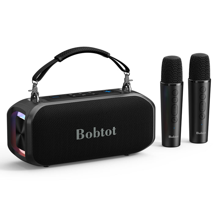 Bobtot Tragbarer Lautsprecher mit 2 kabellosen Mikrofonen Outdoor-Lautsprecher IPX5 wasserdichter La