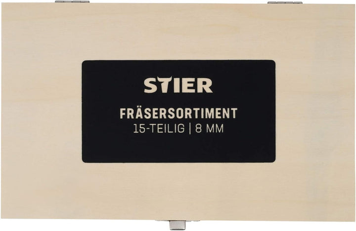 STIER Fräsersortiment, 15-teilig, 8 mm, Holzfräser, Fräser für Oberfräsen, Fräser Set Fräser Set 15