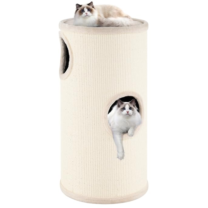 GOPLUS Kratztonne 3 Ebenen, 70 cm Katzentonne mit 3 Höhlen (70 cm,Beige) | Plüschbett, Liegefläche &amp;