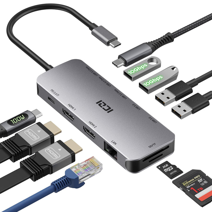 ICZI USB C Docking Station Dual HDMI 11 IN 1 USB Hub 2 HDMI, Gigabit Ethernet, 5X USB C/USB A Ports,