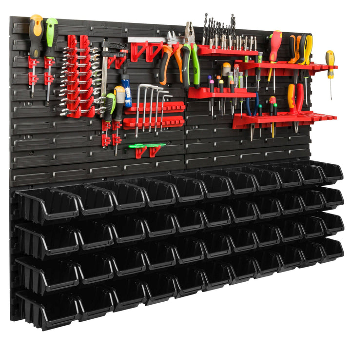Lagersystem Werkstattregal | 115 x 78 cm | 44 stck. Box | Wandregal mit Werkzeughalterungen und Stap