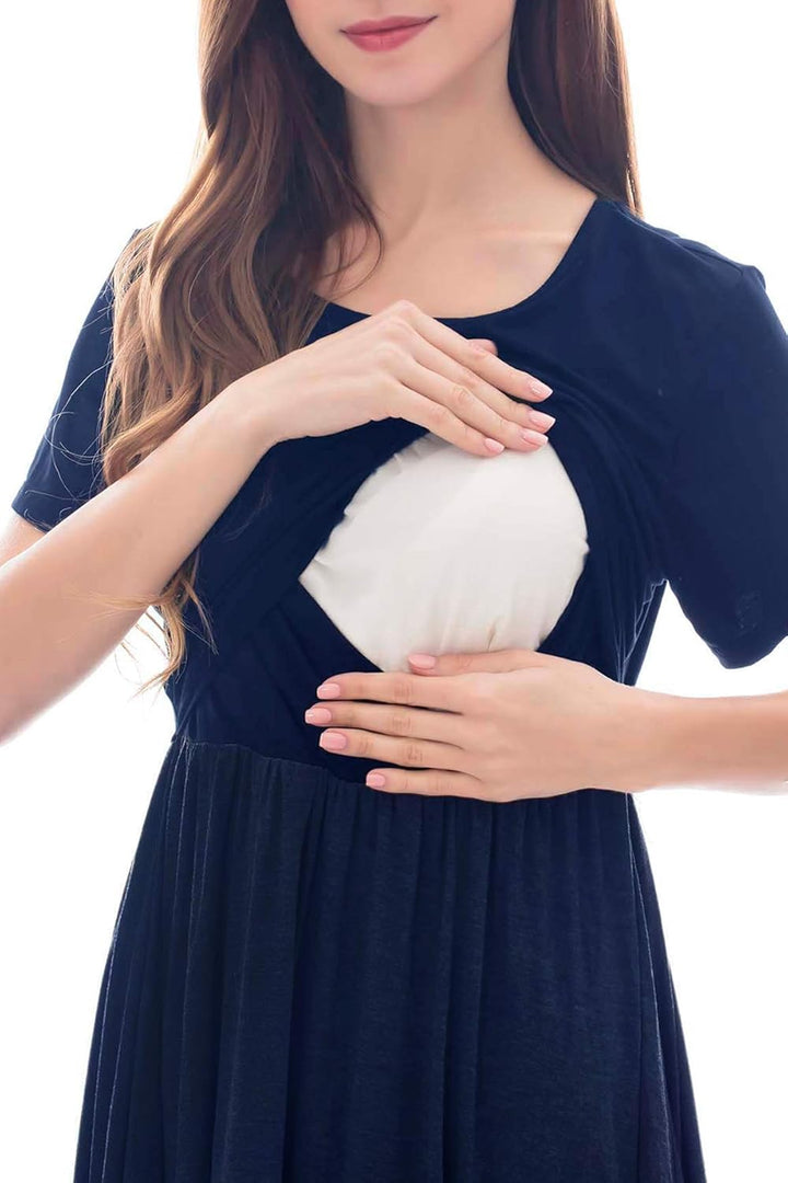 Smallshow Damen Lässiges Kurzarm Stillkleid Umstandskleid für Stillen Marine L, Marine L