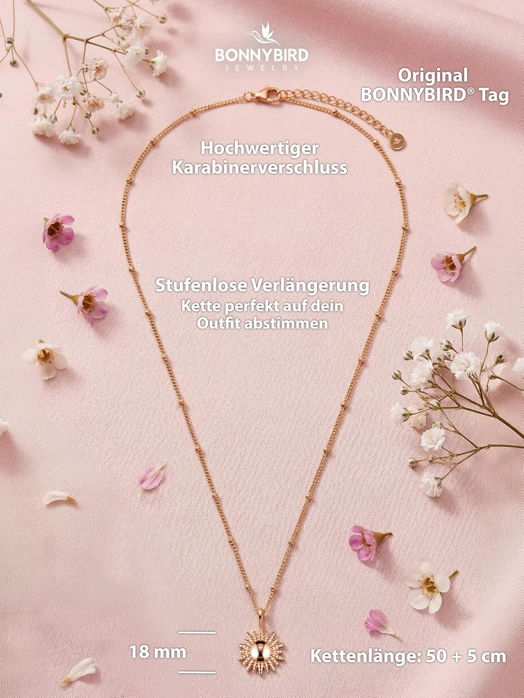 BONNYBIRD® Kette Sonne Damen BonnySun - Premium Halskette Damen mit Sonne Anhänger aus Edelstahl in