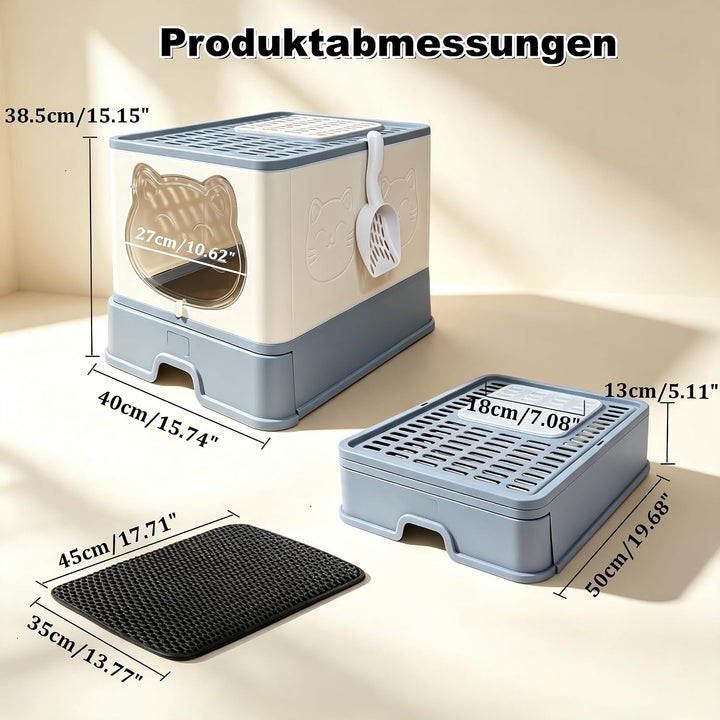 XL Geschlossene Katzentoilette mit Edelstahlschublade und Deckel, extra gross, auslaufsicher und ger