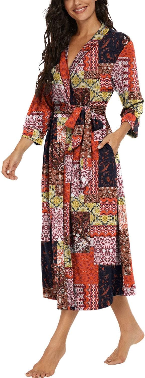 PrinStory Damen Bademantel Leichter 3/4 Ärmeln Morgenmantel V-Ausschnitt Kimono Roben Langes Nachtwä