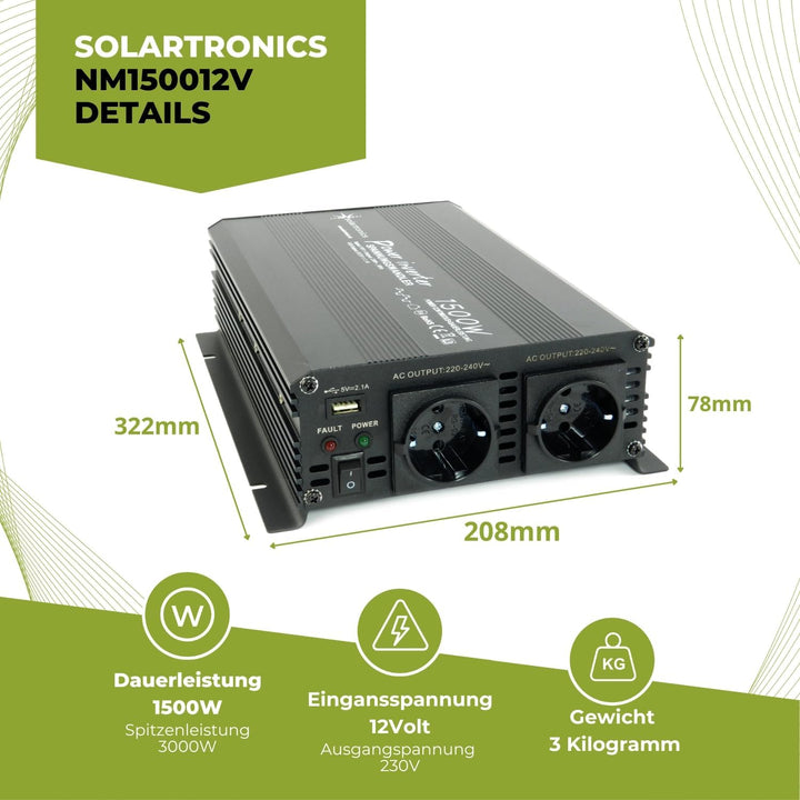 SOLARTRONICS Spannungswandler NM1500 12V 1500 Watt SCHWARZ - 3000 Watt Spitzenleistung - Wechselrich