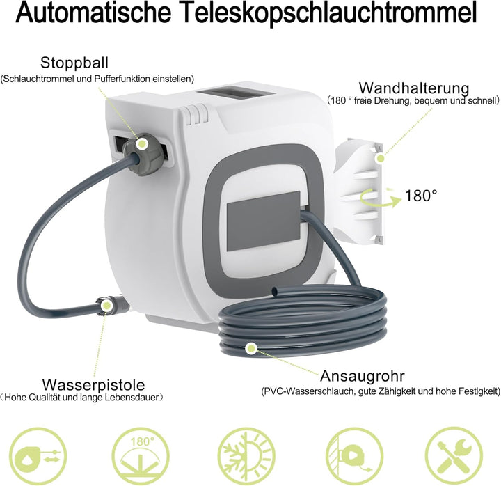 Gartenschlauch Aufroller 28+2m, Schlauchtrommel mit 10 Funktionen Handbrause & 180° Schwenkhalterung