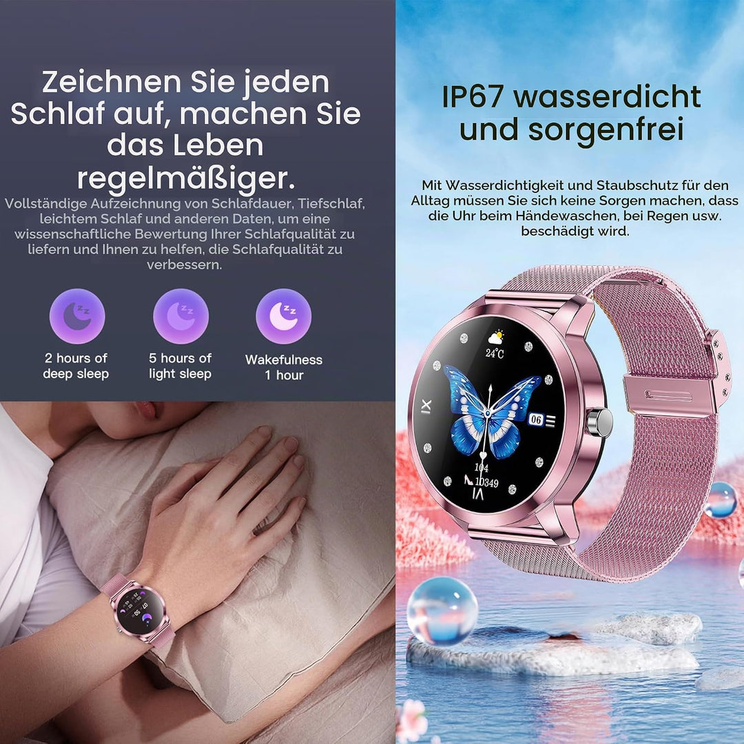 Smartwatch Damen mit Telefonfunktion, 1,09” Fitnessuhr mit 123 Sportmodi, Pulsmesser, Schlafmonitor,