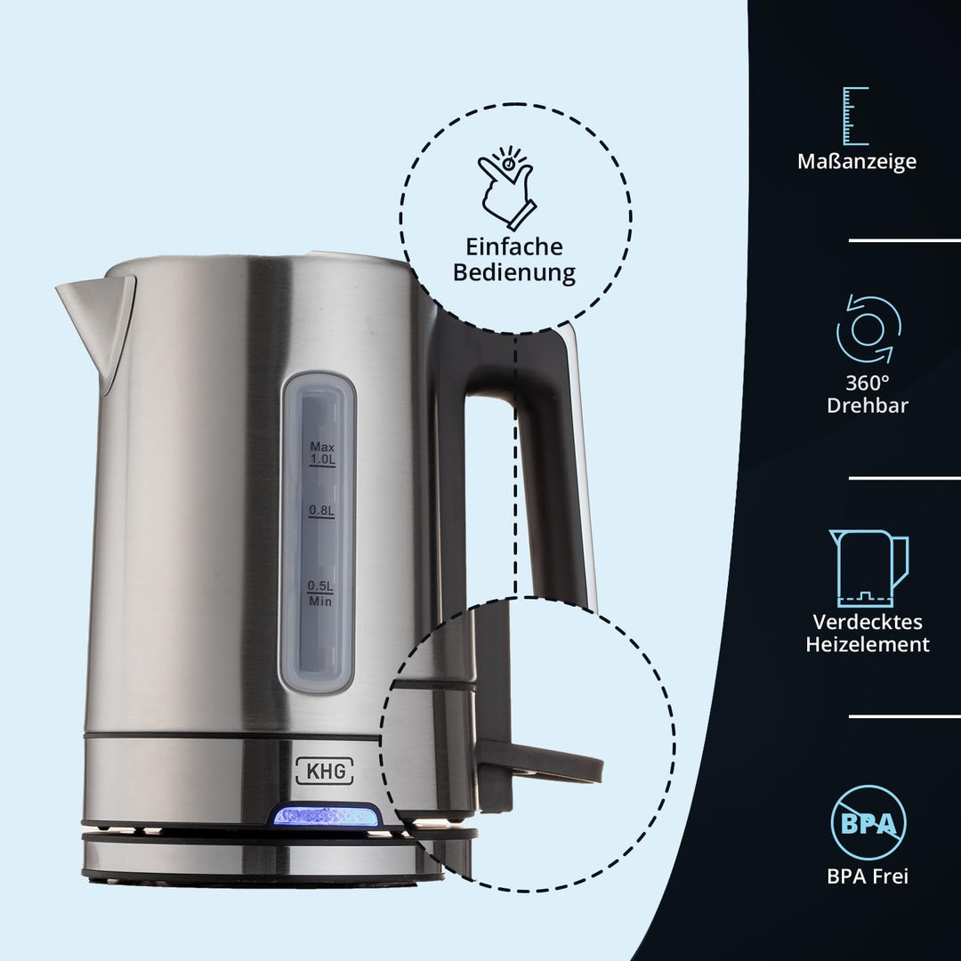 KHG Wasserkocher WK-105 ES Edelstahl, 1 Liter Kapazität | LED-Schaler, Kalkfilter, Wasserstandsanzei