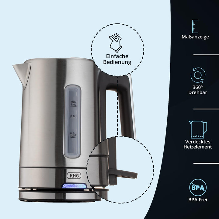 KHG Wasserkocher WK-105 ES Edelstahl, 1 Liter Kapazität | LED-Schaler, Kalkfilter, Wasserstandsanzei