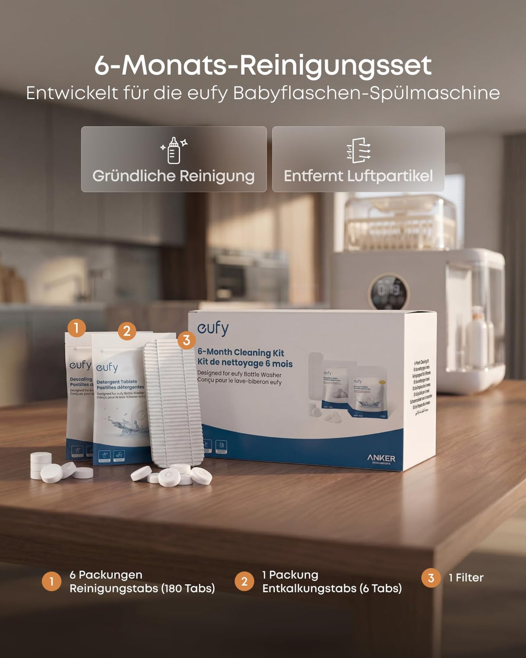 eufy 6-Monats-Reinigungsset für eufy Babyflaschen-Spülmaschine, mit Reinigungstabs (180 Stück), Entk