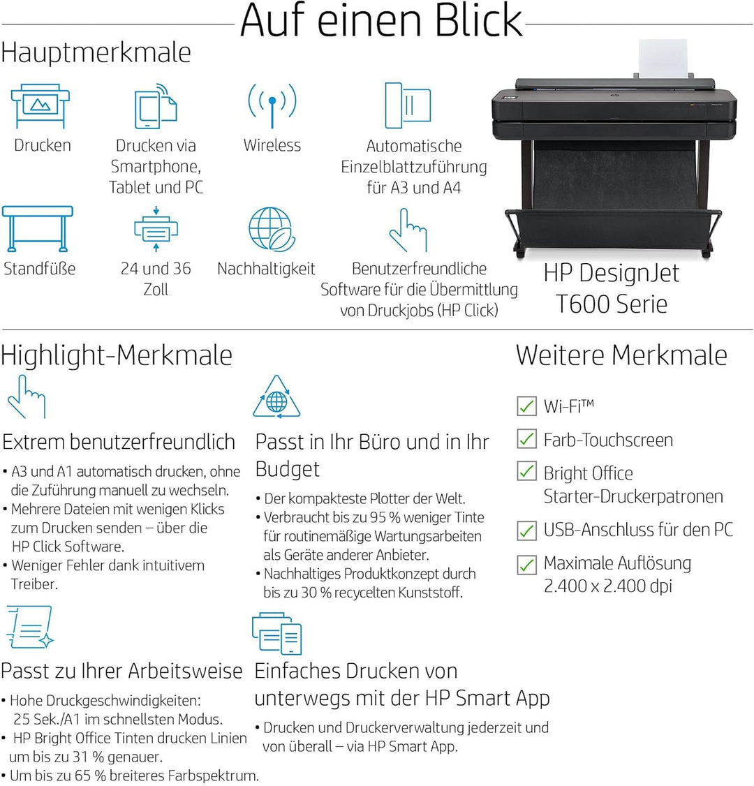 HP DesignJet T650 Grossformatdrucker, 24 Zoll, bis zu A1, mobiles Drucken, Wi-Fi, Gigabit Ethernet,