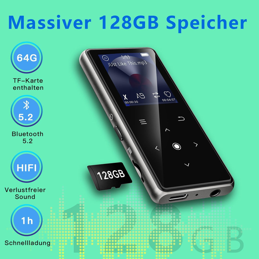 128GB MP3 Player with Bluetooth 5.2, AiMoonsa Music Player with Built-in HD Speaker, FM Radio, Voice