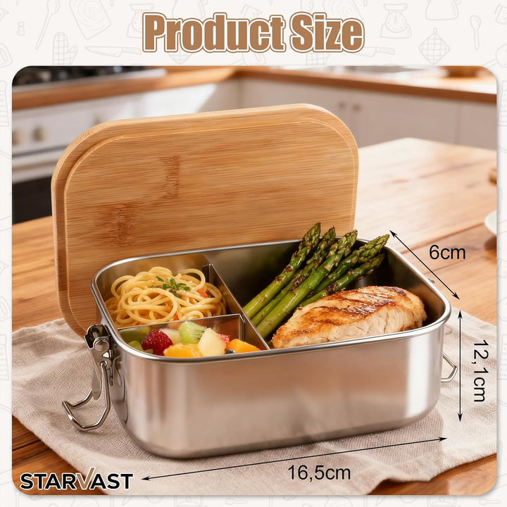 STARVAST 2 Stück Lunchbox für Erwachsene Kinder, Edelstahl Brotdose mit Fächern Holzdeckel,BPA-frei