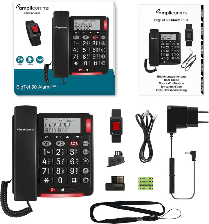 Amplicomms BigTel 50 Alarm Plus, schnurgebundenes Grosstasten-Telefon, mit SOS Taste und Notfallarmb