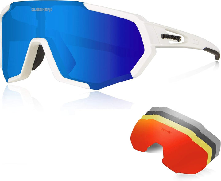 Queshark Sportbrillen Fahrrad Brillen Damen Herren Polarisierte UV400 Schutz mit 5 Wechselgläser Rad