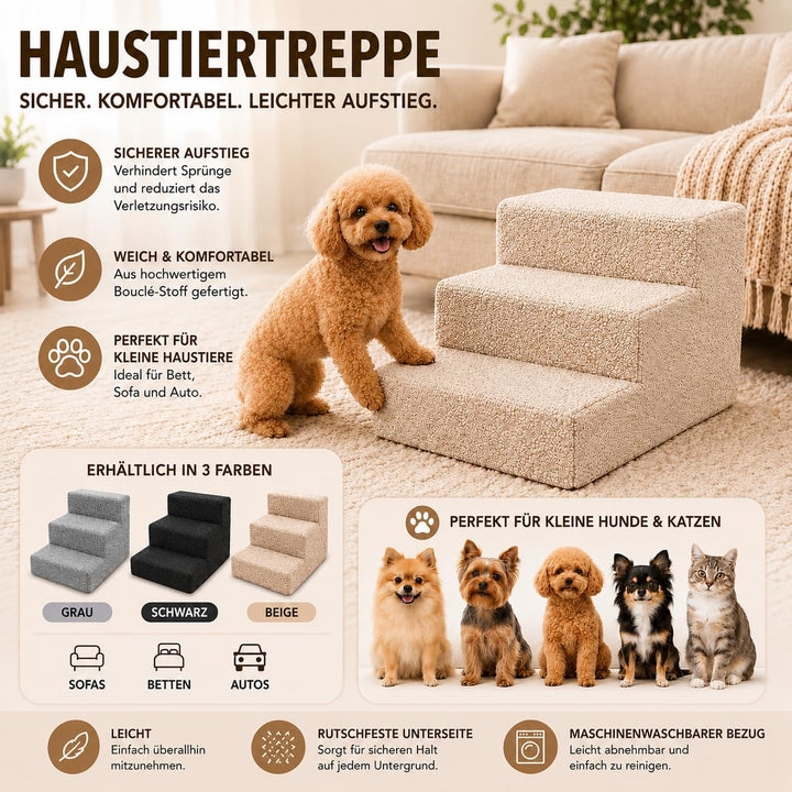 Muralo Hundetreppe 3 Stufen 30 cm, rutschfest, Wasserabweisend - Schwarz | Haustiertreppe für Kleine