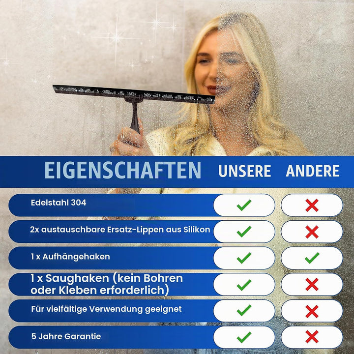 Wunset Superior-Duschabzieher Auswahl: Mit Abziehern aus Edelstahl, Silikon und Gummi, Wasserabstrei