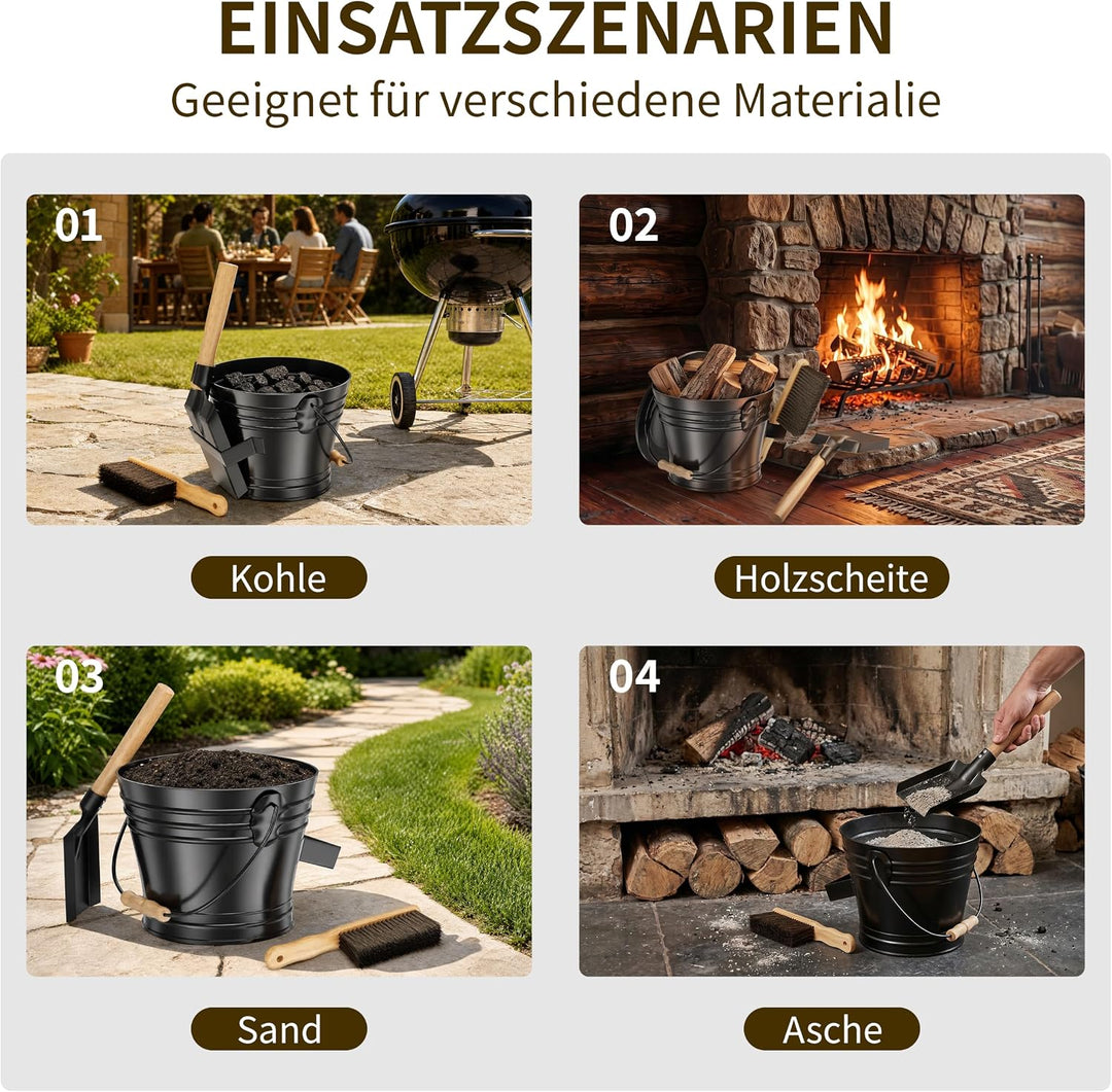 Stahlascheimer mit Deckel für Kamine, 5L Metall-Ascheeimer inklusive Handschuhe, Schaufel und Handfe