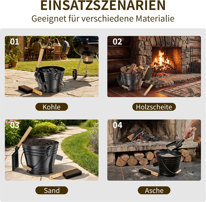 Stahlascheimer mit Deckel für Kamine, 5L Metall-Ascheeimer inklusive Handschuhe, Schaufel und Handfe