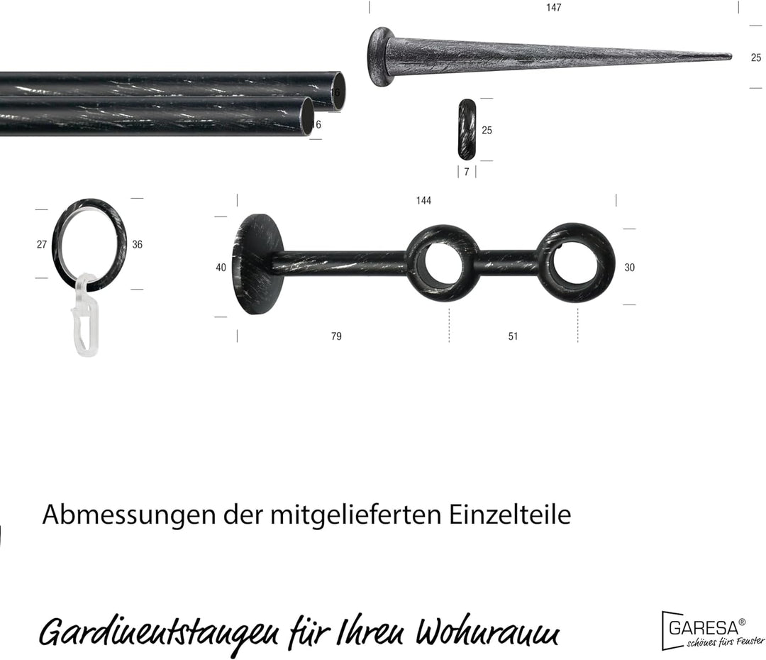 Garesa Gardinenstange Esperanca Ø 16mm, 2-läufig, Schwarz/Silber I Rustikale Vorhangstange inkl. Rin