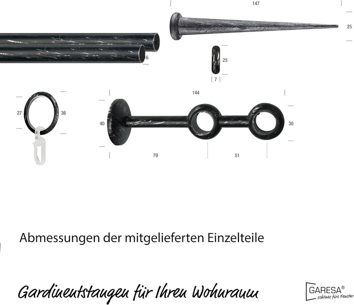 Garesa Gardinenstange Esperanca Ø 16mm, 2-läufig, Schwarz/Silber I Rustikale Vorhangstange inkl. Rin