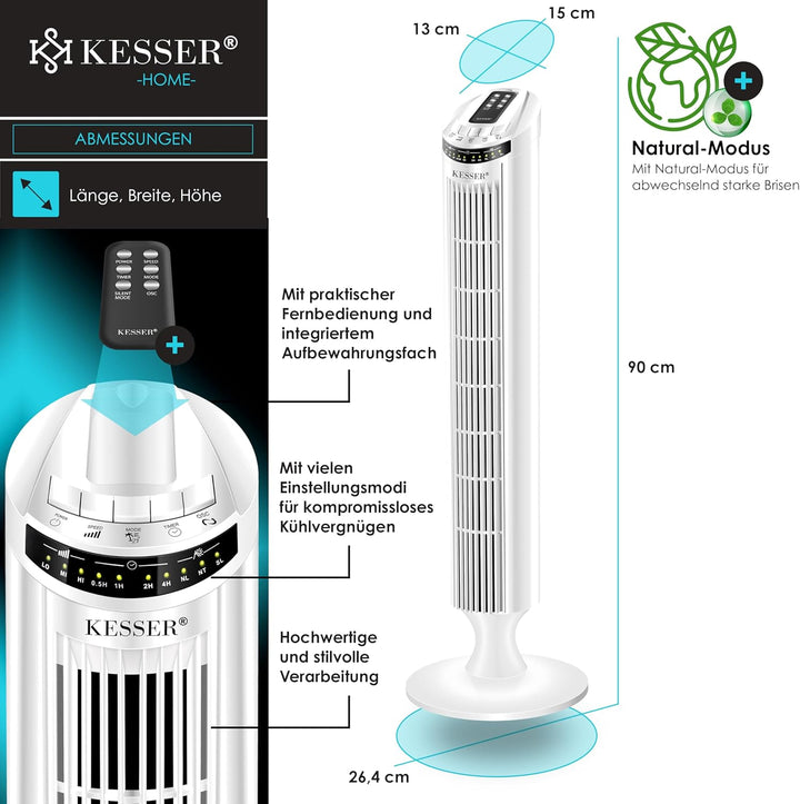 KESSER® Turmventilator mit Fernbedienung | 90° Oszillationswinkel | 3 Stufen | 90 cm |+ Timerfunktio