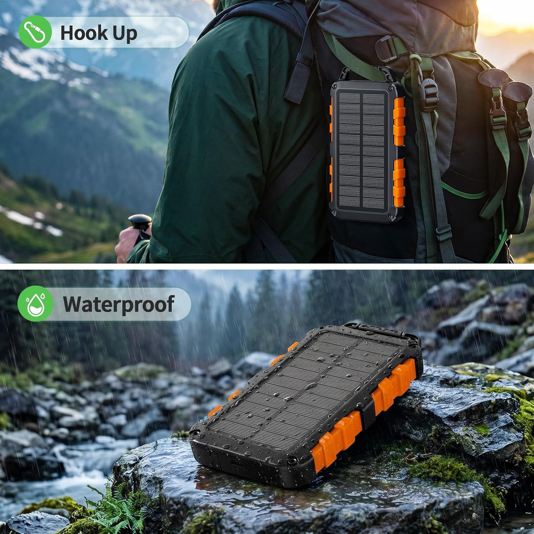 Solar Powerbank 10000mAh mit 2 integrierten Kabeln, Tragbares Solar-Ladegerät mit USB C PD 15W Schne